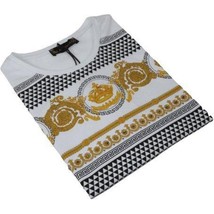 Men LAVERITA European Fashion Crew Shirt Rhine Stones Crown Floral 12087 White image 2