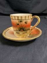 Vintage Demitasse Teacup/Saucer Guilded Edge African Sunset Japan - $16.16