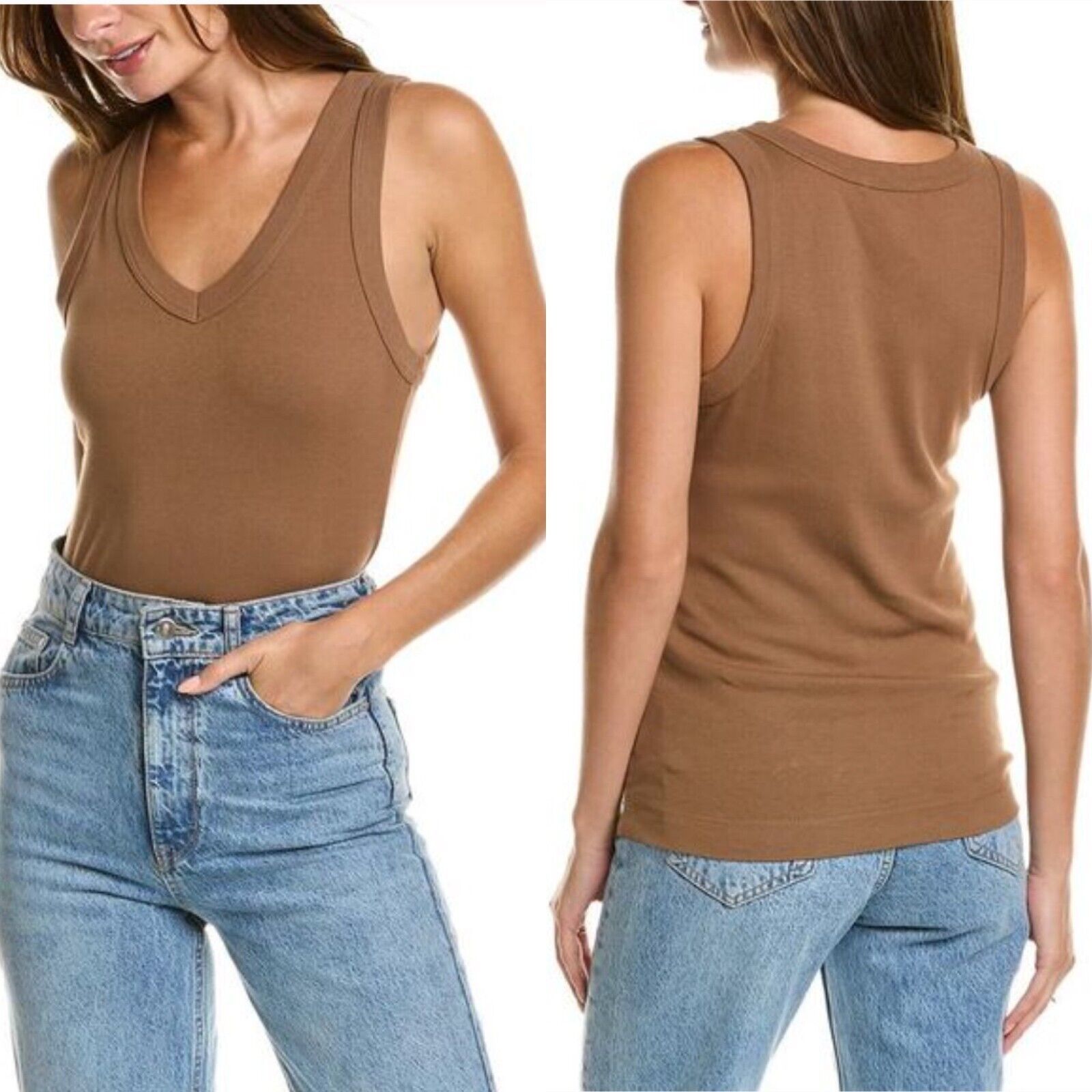 MICHAEL STARS WOODCHIP MAYA V NECK WIDE BINDING TANK TOP (O/S) NWT $68 - $68.00