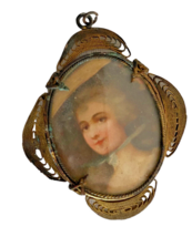 Antique Brooch Pendant Victorian Lady Gold Tone Metal Brass Vintage - £149.14 GBP