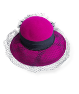 Hot Pink Fuchsia Hat Wide Brim Black Navy Trim Net 100% Wool Fancy Party... - £27.76 GBP