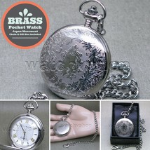 Silver Color Pocket Watch 47 mm Brass Case for Men with Chain and Gift Box  P282 - £18.37 GBP