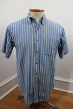 LL Bean M Blue Oxford Cotton Stripe Short Sleeve Button Front Shirt - $26.60