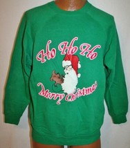 Vintage 80s HO HO HO MERRY CHRISTMAS  Ugly Puff Print Raglan SWEATSHIRT VTG - £15.49 GBP