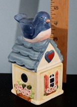 Salt &amp; Pepper Shakers Blue Bird of Happiness on House Stackable - $9.95
