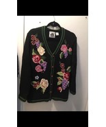 Vintage Cotton Sweater Cardigan Roses Grapes Embroidery Beads Storybook ... - $69.75 CAD