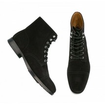 Men&#39;s Black High Ankle Rounded Cap Derby Toe Vintage Suede Leather Lace Up Boots - £120.22 GBP+