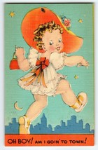 Oh Boy Am I Going To Town Girl Big Hat City Skyline Vintage Linen Postcard C-234 - $11.40