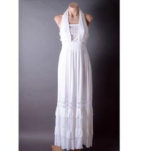 White Summer Beach Halter Crochet Smocked Ruffle Boho Long Maxi Dress S M L - $89.13 CAD