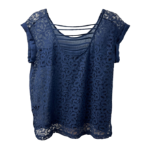 E &amp; M Womens Blouse Blue Floral Sleeveless Scoop Neck Slit Lace Pullover L - £5.82 GBP