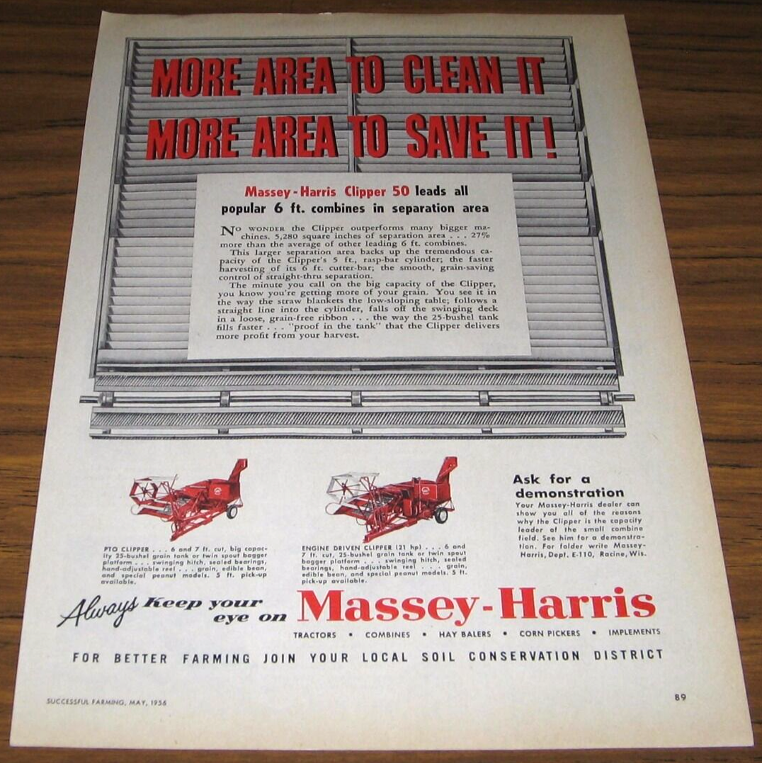 Primary image for 1956 Print Ad Massey-Harris Clipper Combines Racine,Wisconsin