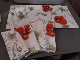 JCP Home 4 Placemats &amp; 4 Napkins Floral Reversable White Orange Poppy Leaves - £21.72 GBP