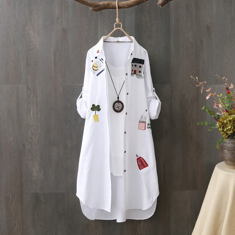 Women&#39;s Cotton Embroidered White Shirt -Spring &amp; Autumn Casual Office Blouse - £15.09 GBP+