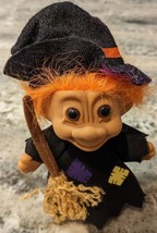 Vintage 7&quot; Russ Halloween Witch Troll Doll w/Hat &amp; Broomstick &amp; Original Sticker - £16.08 GBP