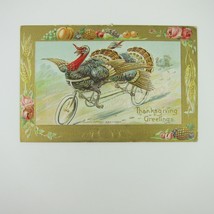 Thanksgiving Postcard Wild Turkeys Ride Tandem Bicycle Anthropomorphic Antique - £7.46 GBP