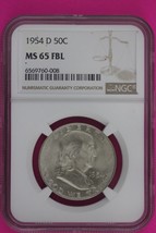 Full Bell Lines 1954 D MS 65 FBL Ben Franklin Half Dollar Silver Coin NGC 779 - £54.00 GBP