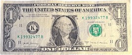 $1 One Dollar Bill 19932477 birthday / anniversary April 2, 1993 - $19.99
