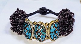 Vintage Tibetian Style Bracelet with Inlaid Turquoise and Purple Glass Beads 8&quot; - £22.71 GBP