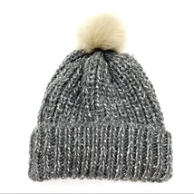 Knit Beanie Hat Rib Knit Gray Faux Fur Pom Pom Unisex OS One Size Winter   - £7.65 GBP