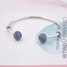 925 Sterling Silver Open Bangle with Blue Cz Pave Ball Bangle Bracelet - £23.36 GBP