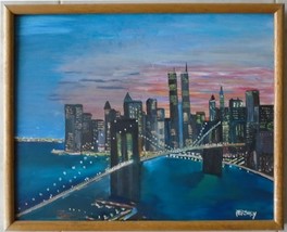 Original Framed Painting of World Trade Center, Brooklyn Bridge 21.5&quot; x 17.5&quot; - £71.94 GBP
