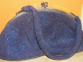 Vintage Beaded Purse w Rhinestone Clasp Silk Lined crocheted blue irides... - $71.99