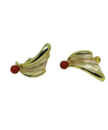 Vintage Japanese Screwback Goldtone Fan Enameled Earrings with Coral Stones - €12,23 EUR