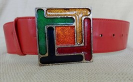 Fun vintage 1980&#39;s red leather look belt with geometric design belt buckle - £11.72 GBP