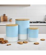 Ceramic Canister Set with Airtight Wood Lids - 3-Piece Kitchen Storage (Blue) - $17.99