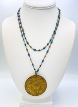 Vintage Blue Enamel Etched Brass Medallion BOHO Necklace 38 in - £21.80 GBP