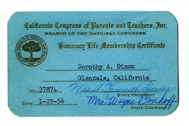 1956 California Congress Parent &amp; Teachers Honorary Life Membership Cert... - £18.48 GBP