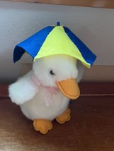 Russ Small White Plush Duck w Pink Neck Ribbon w Felt Yellow &amp; Blue Umbrella - £8.92 GBP