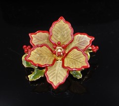 Christmas Holiday Red Enameled Poinsettia Gold Plated Mesh Brooch Pin #215 - £11.67 GBP