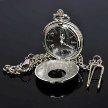 Vintage Hollow Pendant Pocket Watch Roman Numerals Black Dial Quartz Men Women - £77.12 GBP