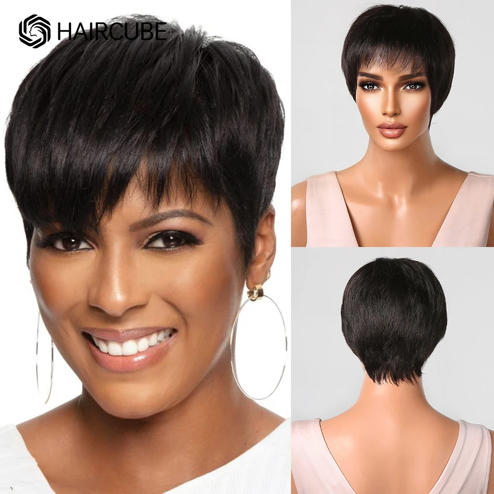 HAIRCUBE Dark Brown Short Pixie Cut Human Hair Wigs with Bangs Natural Remy Ha - £28.29 GBP+