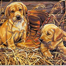 Vintage Paint By Number PBN Painting Dogs Puppies in Barn with Old Shoe 14 x 11 - £38.98 GBP