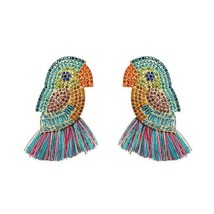 Rainbow Crystal Parrot Bird Tassel Drop Statement Earrings Big Colorful Summer - £10.75 GBP