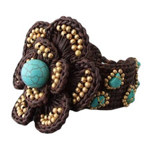 Tribal Chic Blue Turquoise and Brass Bead Cotton Rope Floral Bracelet - £17.77 GBP
