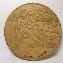 Evian Skier Hand Carved Wood Wall Plaque Wall Hanging Round 8 1/4 Inch Vtg - £15.18 GBP