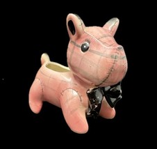 Puppy Dog Planter Pink Plaid &amp; Patchwork Black Bow Tie Ceramic 50s Kitsch 6”L - £25.40 GBP