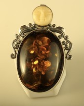 Vintage Sterling Signed 925 Carved Moon Face Baltic Amber Stone Cabochon Pendant - £95.25 GBP
