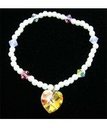 Yellow CRYSTAL HEART BRACELET Vintage Glass Plastic White Beads Elastic AB - £11.84 GBP