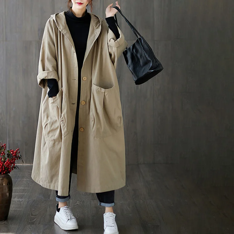 Hooded Trench Coat  Big Pockets Long Sleeve Trench Office Fashion Korean... - $337.59