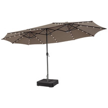 15Ft Double-Sided Patio Umbrella 48 Solar Led Lights Crank &amp; Base Outdoor Coffee - £215.53 GBP