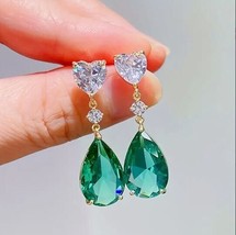 Emerald Teardrop Synthetic Gems &amp; Heart Shape Shiny Zircon Design Dangle Earring - £8.55 GBP