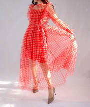 Red Long Tutu Dress Gowns Long Sleeve Vintage Inspired Pink Plaid Pattern image 4