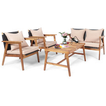 4PCS Patio Rattan Furniture Set Acacia Wood Frame Cushioned Sofa Chair G... - £445.94 GBP