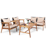 4PCS Patio Rattan Furniture Set Acacia Wood Frame Cushioned Sofa Chair G... - £408.57 GBP