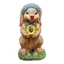 bunny figurine blue straw hat sun flower wood basket egg holder vintage ... - $7.84