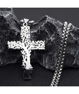 Stainless Steel Tree of Life Cross Pendant Necklace Silver Color Men Wom... - £5.82 GBP+